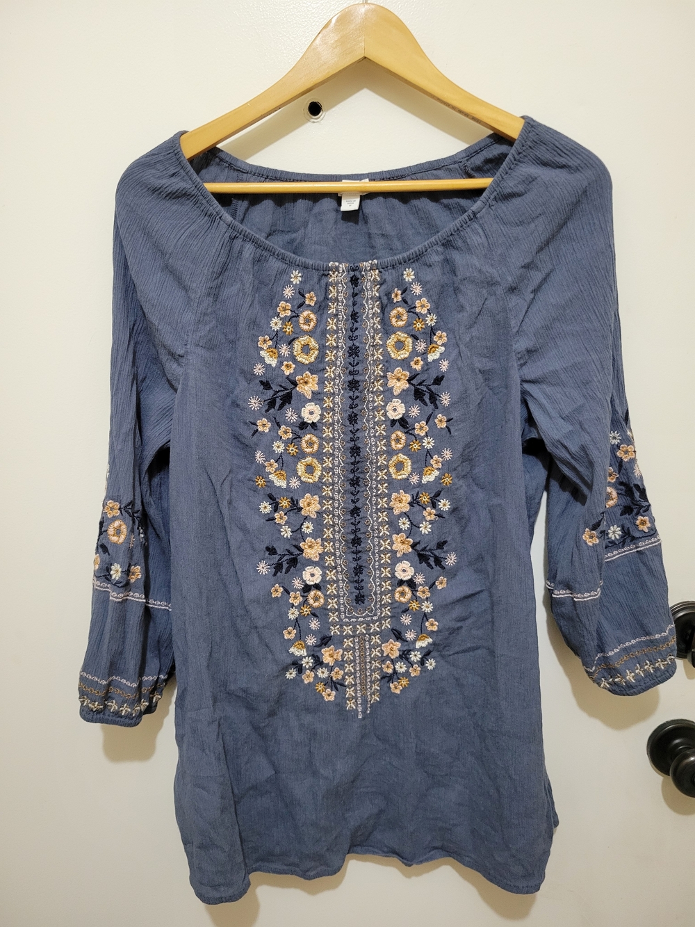 J. Jill Womens Peasant Style Blue Embroidered Floral Tunic - Romantic - Size M